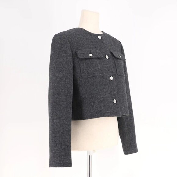 THEORY Tweed Cardigan Jacket Slightly Crop Relaxed Fit Charcoal Melange Size 6 - Picture 4 of 8